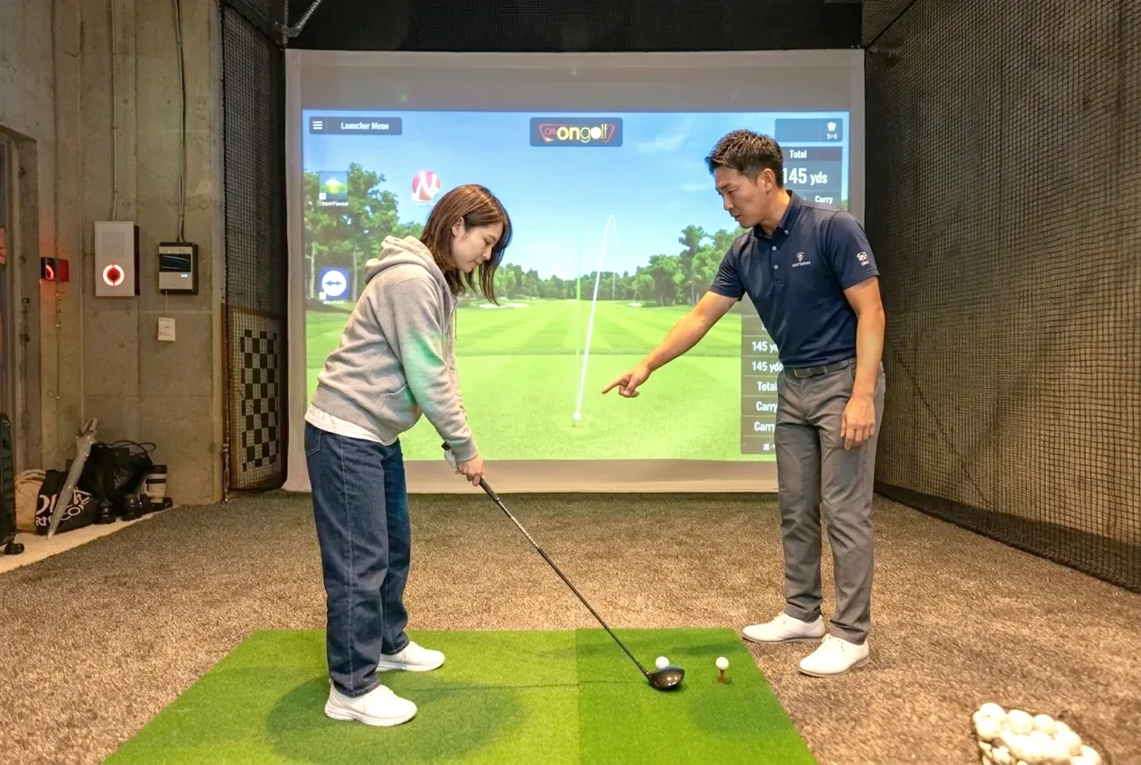 打席でアドレスに入る女性に、コーチが弾道を指しながら助言するプライベートレッスン